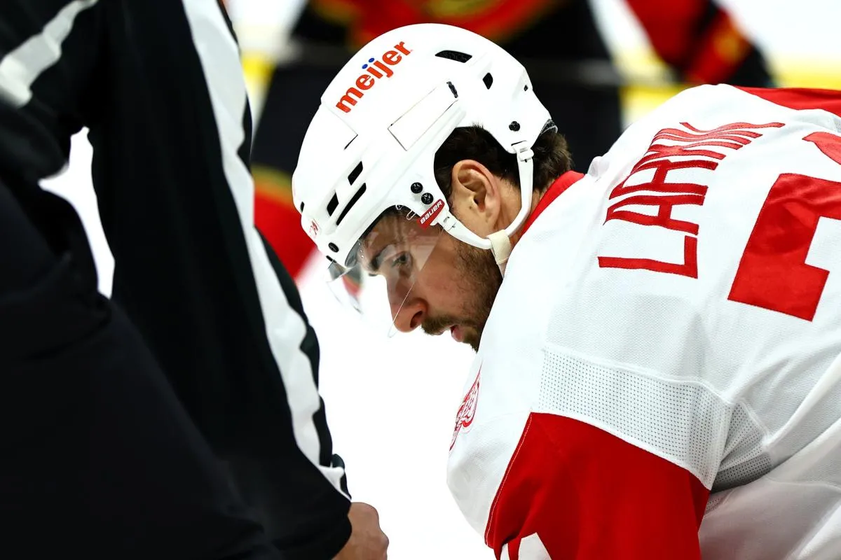Detroit Red Wings center Dylan Larkin (71) awaits the faceoff against the Ottawa Senators at the Canadian Tire Centre.