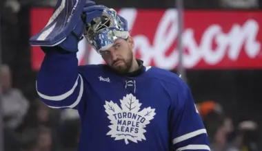 Toronto Maple Leafs goaltender Anthony Stolarz (41) adjusts his helmet during a break in the action against the Philadelphia Flyers at Scotiabank Arena.