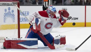 Montreal Canadiens goaltender Jakub Dobes (75) defends the goal during the second period against the San Jose Sharks at SAP Center at San Jose.