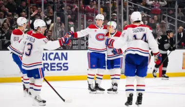 Montr&eacute;al Canadiens left wing Juraj Slafkovsk&yacute; (20) is greeted by teammates after scoring during the third period against the Los Angeles Kings at Crypto.com Arena.