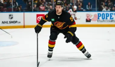 Vancouver Canucks forward Teddy Blueger (53) skates against the New Jersey Devils in the second period at Rogers Arena.