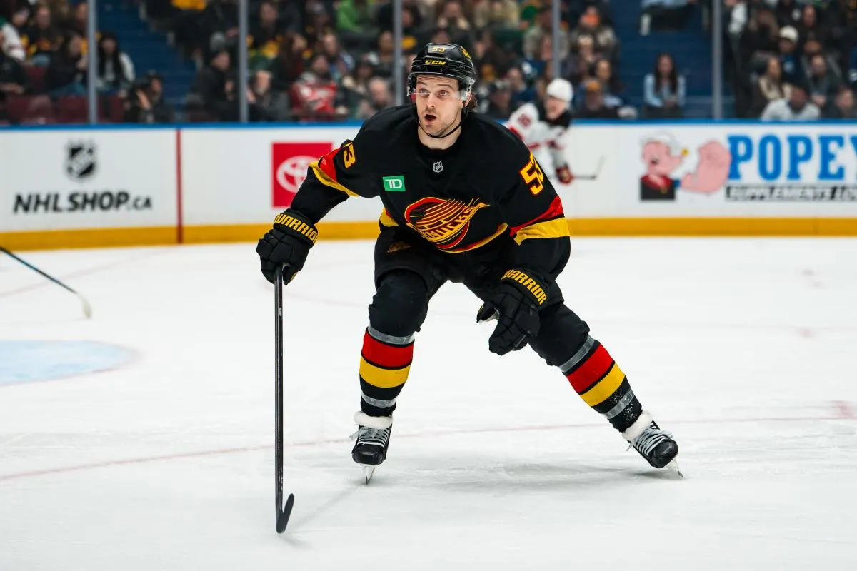 Vancouver Canucks forward Teddy Blueger (53) skates against the New Jersey Devils in the second period at Rogers Arena.