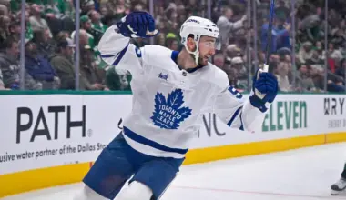 Toronto Maple Leafs center Nicolas Roy (55) celebrates during the game at the American Airlines Center.