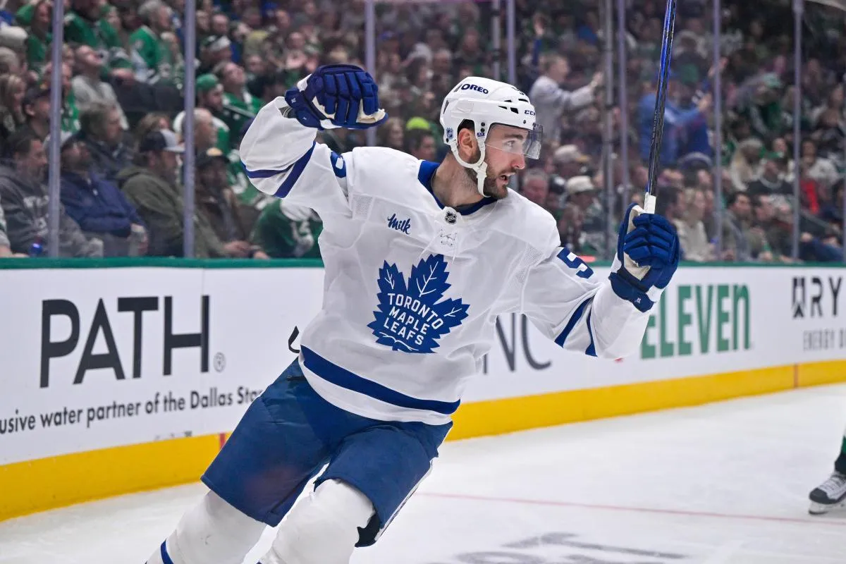 Toronto Maple Leafs center Nicolas Roy (55) celebrates during the game at the American Airlines Center.