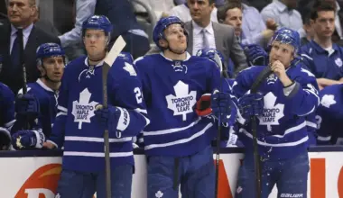 Toronto Maple Leafs center Peter Holland (24) and right wing Richard Panik (18) and center Leo Komarov (47) and head coach Peter Horachek look on during a break in the action against the New York Islanders at Air Canada Centre. The Islanders beat the Maple Leafs 4-3 in overtime.