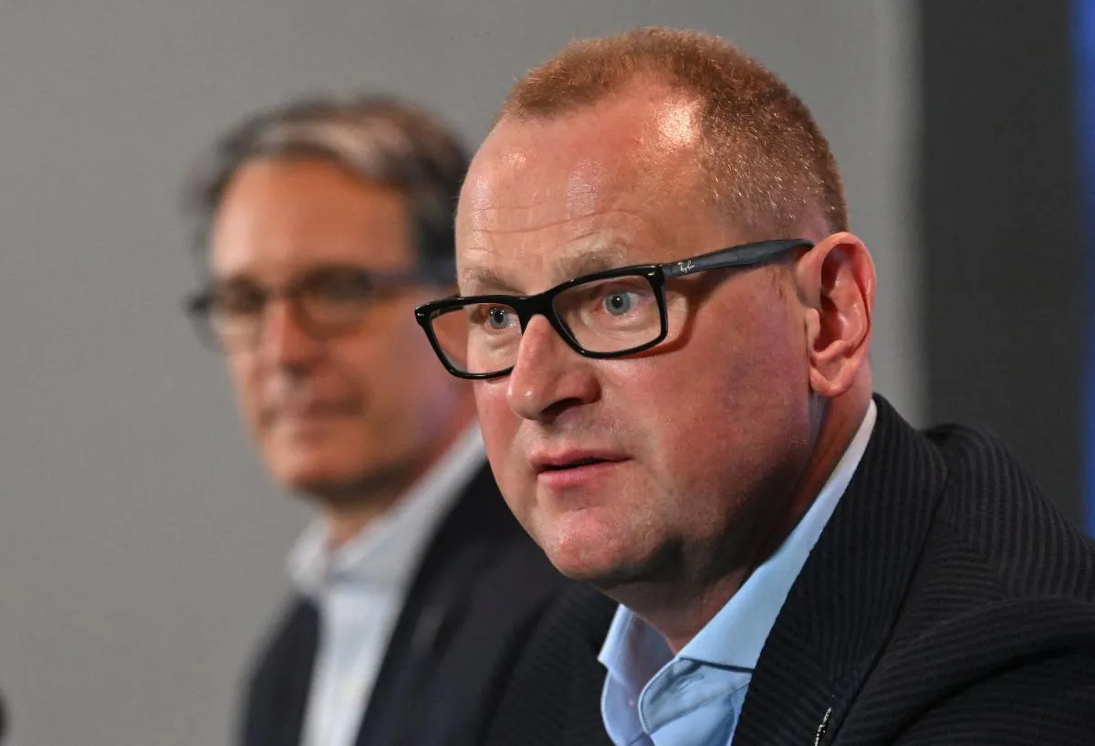 Toronto Maple Leafs new general manager Brad Treliving is introduced as club president Brendan Shanahan looks on at a press conference at Scotiabank Arena.