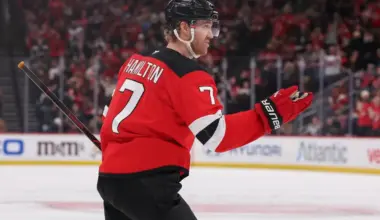 New Jersey Devils defenseman Dougie Hamilton (7) celebrates his goal against the Nashville Predators during the second period at Prudential Center.