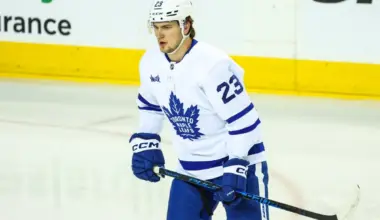 Toronto Maple Leafs left wing Matthew Knies (23) skates during the warmup period against the Calgary Flames at Scotiabank Saddledome.