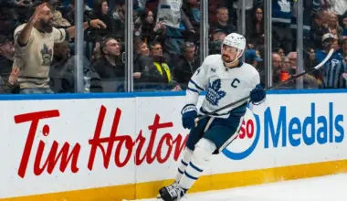 Toronto Maple Leafs forward Auston Matthews (34) celebrates his game winning shootout goal against the Vancouver Canucks at Rogers Arena.