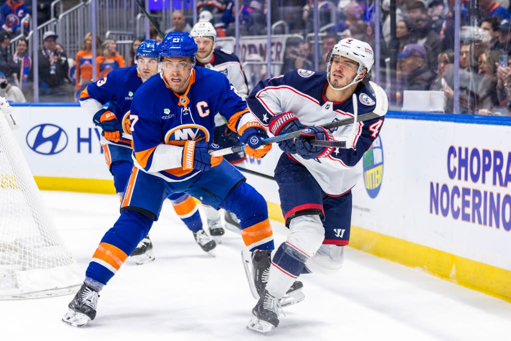 Anders Lee (l.) in action for the Islanders against the Blue Jackets on March 22, 2026. Corey Sipkin for the NY POST