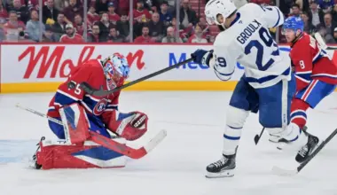 Toronto Maple Leafs forward Bo Groulx (29) shoots the puck against Montreal Canadiens goalie Jakub Dobes (75) during the third period at the Bell Centre.