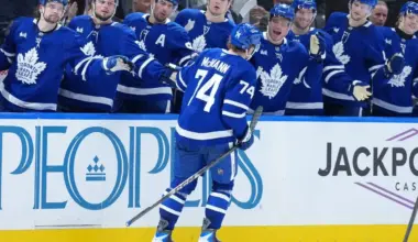 Toronto Maple Leafs center Bobby McMann (74) celebrates at the bench after scoring an empty net goal against the Florida Panthers during the third period at Scotiabank Arena.