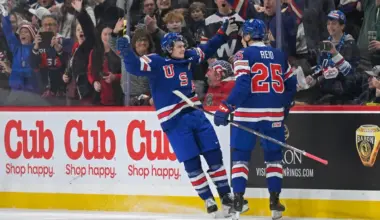 USA defensemen Chase Reid (25) celebrates his power play goal against Sweden with forward James Hagens (10) during the second period in group play during the 2026 IIHF World Junior Championship at Grand Casino Arena