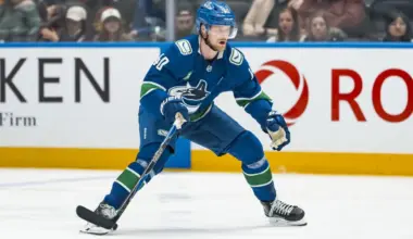 Vancouver Canucks forward Elias Pettersson (40) skates against the Carolina Hurricanes in the third period at Rogers Arena