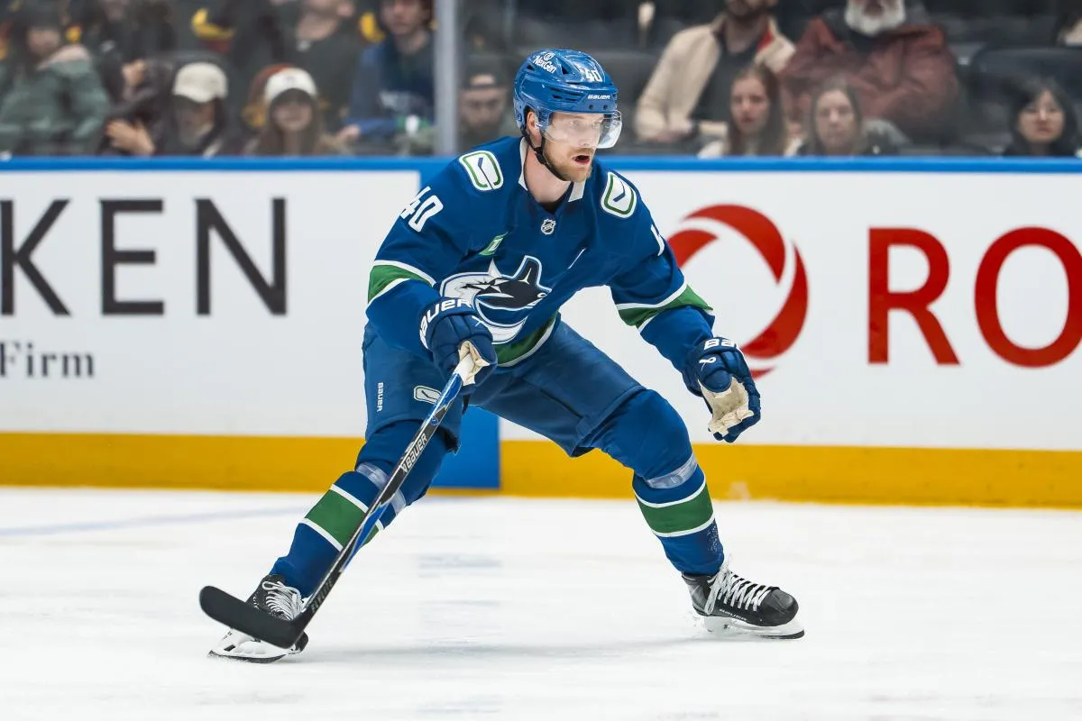 Vancouver Canucks forward Elias Pettersson (40) skates against the Carolina Hurricanes in the third period at Rogers Arena