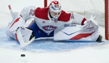Montreal Canadiens goalie Jacob Fowler (32) makes a save in the third period against the Ottawa Senators at the Canadian Tire Centre.