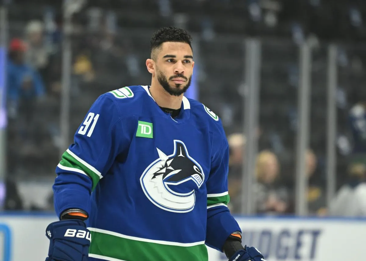 Vancouver Canucks left wing Evander Kane (91) during warm up at Rogers Arena against the Nashville Predators