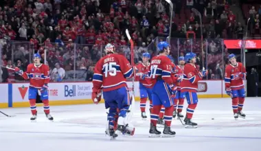 Montreal Canadiens goalie Jakub Dobes (75) celebrates with teammates after defeating the Toronto Maple Leafs in the third period at the Bell Centre.