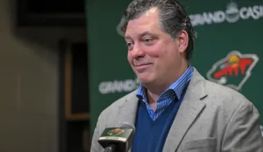 Minnesota Wild general manger Bill Guerin addresses the media about acquiring defensemen Quinn Hughes via trade from the Vancouver Canucks before a game against the Ottawa Senators at Grand Casino Arena.