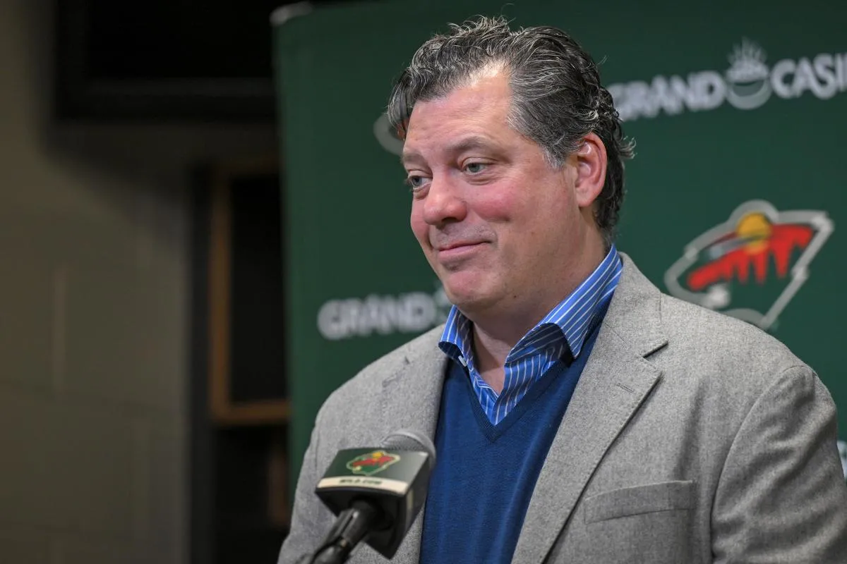 Minnesota Wild general manger Bill Guerin addresses the media about acquiring defensemen Quinn Hughes via trade from the Vancouver Canucks before a game against the Ottawa Senators at Grand Casino Arena.