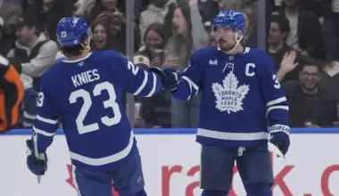 Toronto Maple Leafs forward Matthew Knies (23) congratulates forward Auston Matthews (34) on his goal against the Anaheim Ducks during the second period at Scotiabank Arena