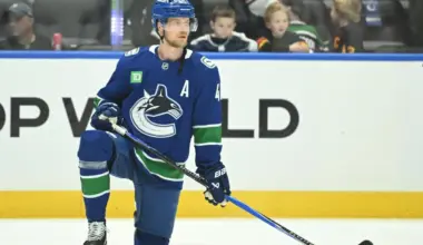 Vancouver Canucks center Elias Pettersson (40) during warm up at Rogers Arena against the Nashville Predators.