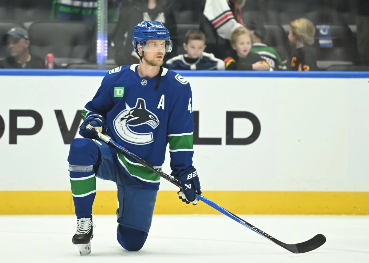 Vancouver Canucks center Elias Pettersson (40) during warm up at Rogers Arena against the Nashville Predators.