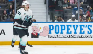 Seattle Kraken forward Bobby McMann (74) celebrates his second goal of the game against the Vancouver Canucks in the third period at Rogers Arena