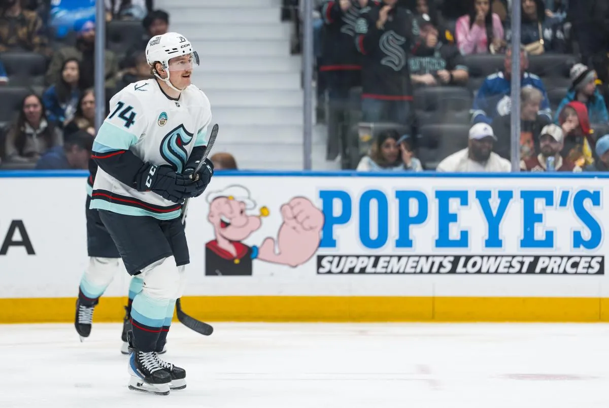 Seattle Kraken forward Bobby McMann (74) celebrates his second goal of the game against the Vancouver Canucks in the third period at Rogers Arena