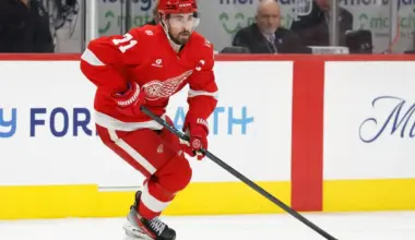 Detroit Red Wings center Dylan Larkin (71) skates with the puck in the second period against the Columbus Blue Jackets at Little Caesars Arena.
