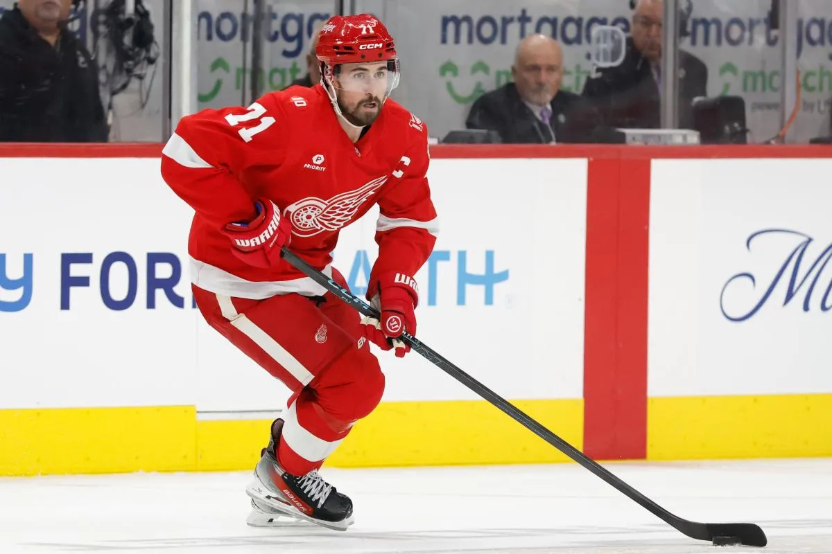 Detroit Red Wings center Dylan Larkin (71) skates with the puck in the second period against the Columbus Blue Jackets at Little Caesars Arena.