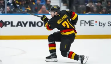 Vancouver Canucks forward Nils Hoglander (21) shoots against the Dallas Stars in the second period at Rogers Arena.