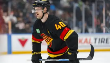 Vancouver Canucks forward Elias Pettersson (40) during a stop in play against the Florida Panthers in the second period at Rogers Arena