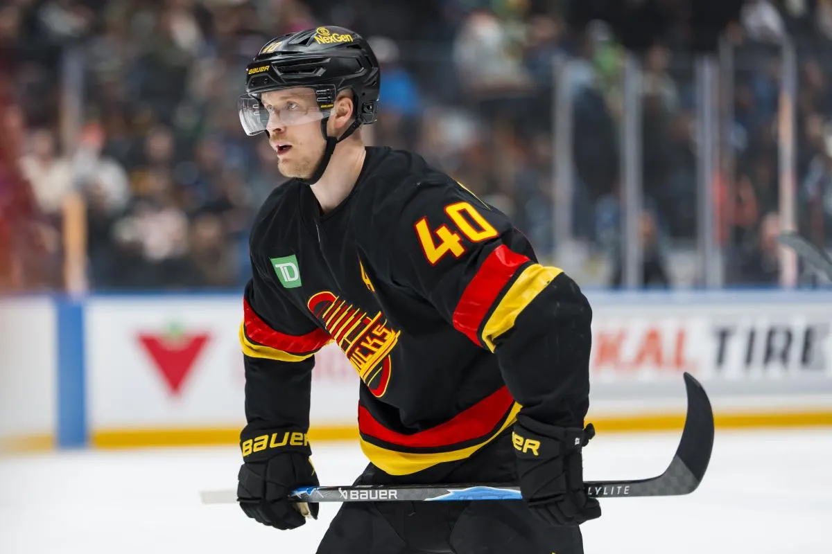 Vancouver Canucks forward Elias Pettersson (40) during a stop in play against the Florida Panthers in the second period at Rogers Arena