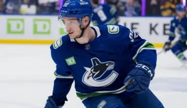 Vancouver Canucks forward Vasily Podkolzin (92) skates during warm up prior to a game against the Winnipeg Jets at Rogers Arena