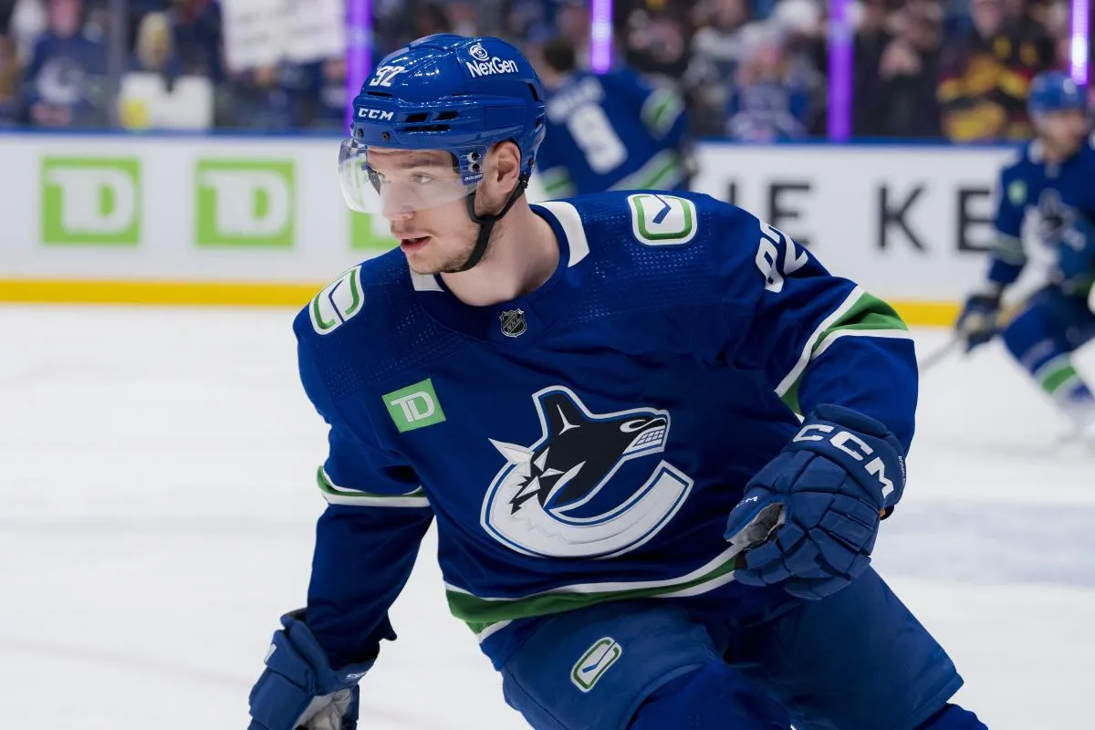 Vancouver Canucks forward Vasily Podkolzin (92) skates during warm up prior to a game against the Winnipeg Jets at Rogers Arena