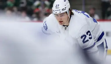 Toronto Maple Leafs left wing Matthew Knies (23) prepares for a face-off against the Minnesota Wild during the second period at Grand Casino Arena