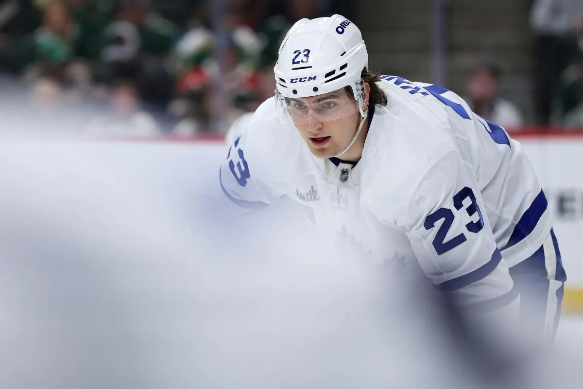 Toronto Maple Leafs left wing Matthew Knies (23) prepares for a face-off against the Minnesota Wild during the second period at Grand Casino Arena