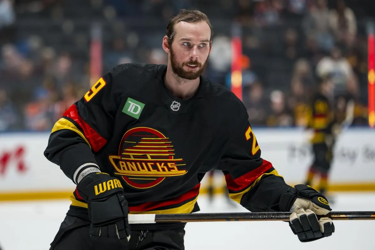 Vancouver Canucks defenseman Marcus Pettersson (29) skates during warm ups prior to a game against the Edmonton Oilers at Rogers Arena.