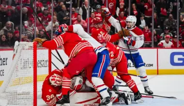 Detroit Red Wings players and Montreal Canadiens players fight during the first period at Little Caesars Arena.