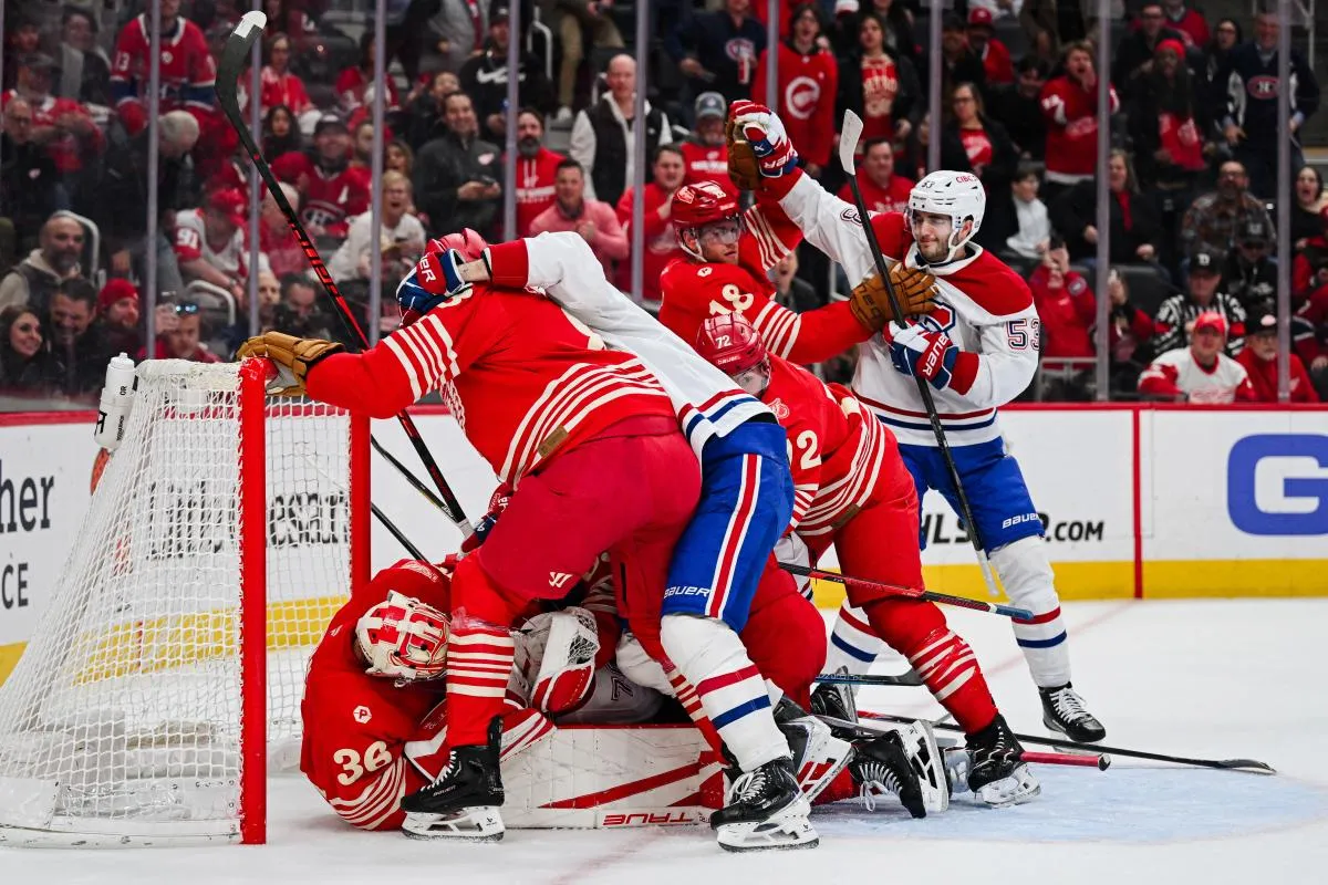 Detroit Red Wings players and Montreal Canadiens players fight during the first period at Little Caesars Arena.