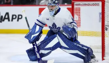 Toronto Maple Leafs goaltender Dennis Hildeby (41) defends his net against the Minnesota Wild during the second period at Grand Casino Arena.