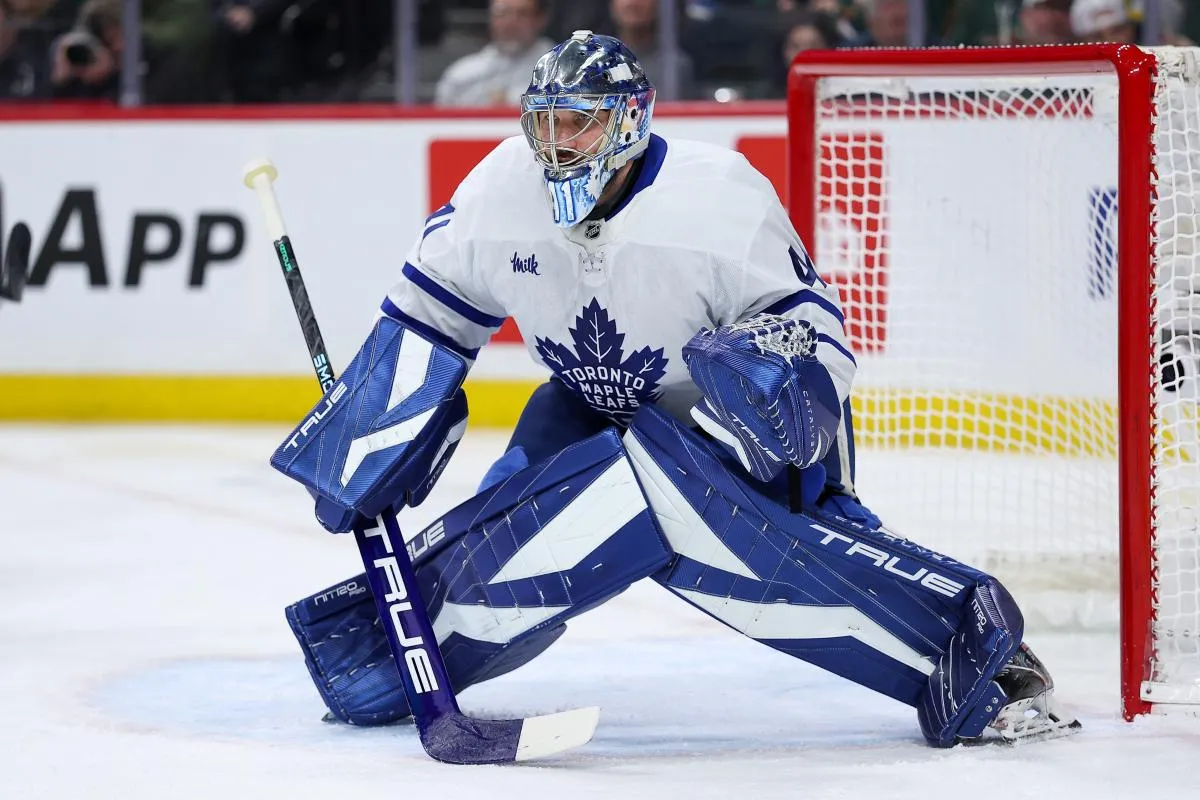 Toronto Maple Leafs goaltender Dennis Hildeby (41) defends his net against the Minnesota Wild during the second period at Grand Casino Arena.