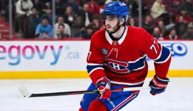 Montreal Canadiens center Kirby Dach (77) looks on against the Philadelphia Flyers during the third period at Bell Centre.