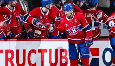 Montreal Canadiens center Nick Suzuki (14) celebrates with his teammates at the bench his goal against the Anaheim Ducks during the second period at Bell Centre.