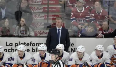 New York Islanders head coach Patrick Roy behind the bench during the first period of the game against the Montreal Canadiens at the Bell Centre.