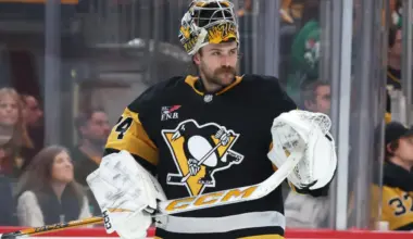 Pittsburgh Penguins goaltender Stuart Skinner (74) returns to the net against the Philadelphia Flyers during the third period at PPG Paints Arena.
