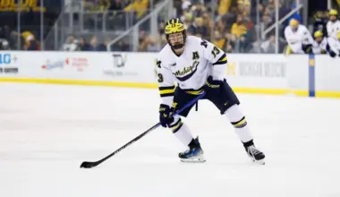 Michigan Wolverines forward T.J. Hughes (13) skates against Penn State during a Big Ten Tournament quarter final game at Yost Arena.