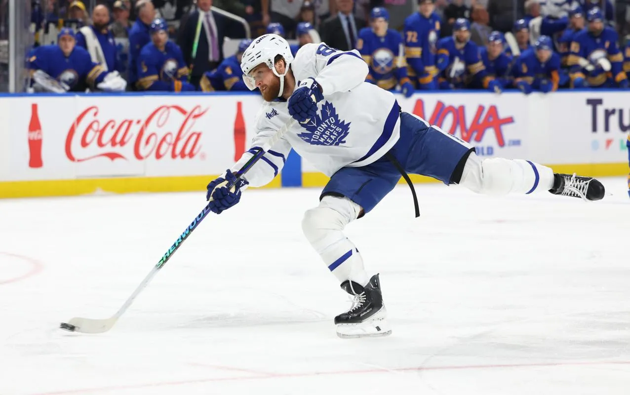 Toronto Maple Leafs right wing William Nylander (88) takes a shot on goal during the first period against the Buffalo Sabres at KeyBank Center.