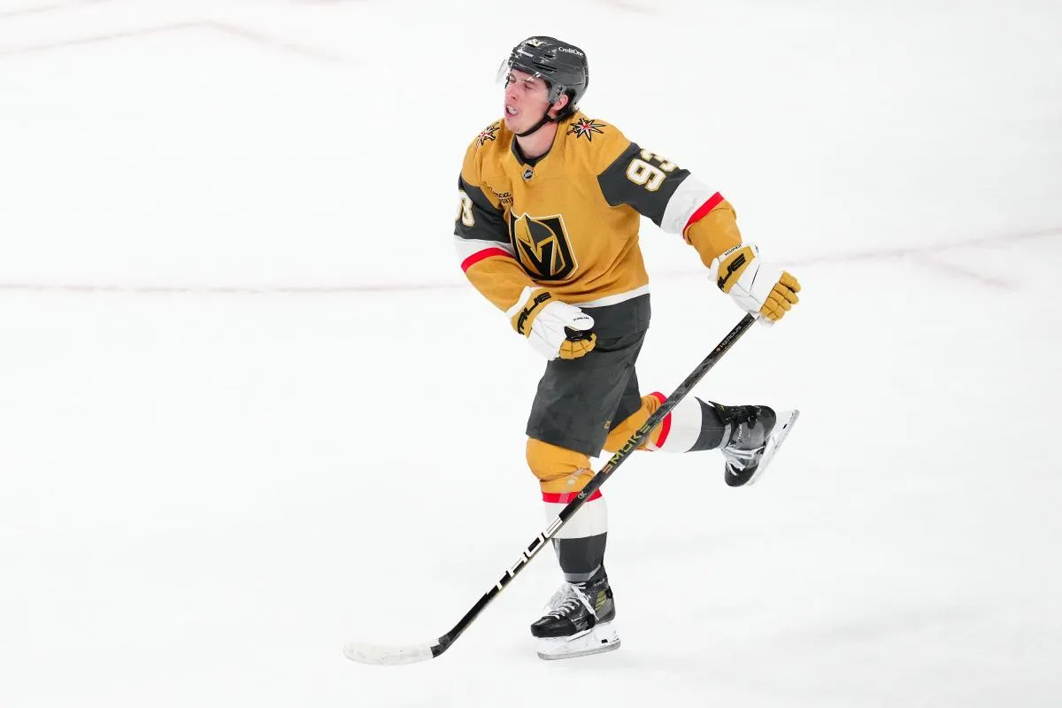 Vegas Golden Knights right wing Mitch Marner (93) reacts after being stopped by Buffalo Sabres goaltender Ukko-Pekka Luukkonen (1) during the third period at T-Mobile Arena.